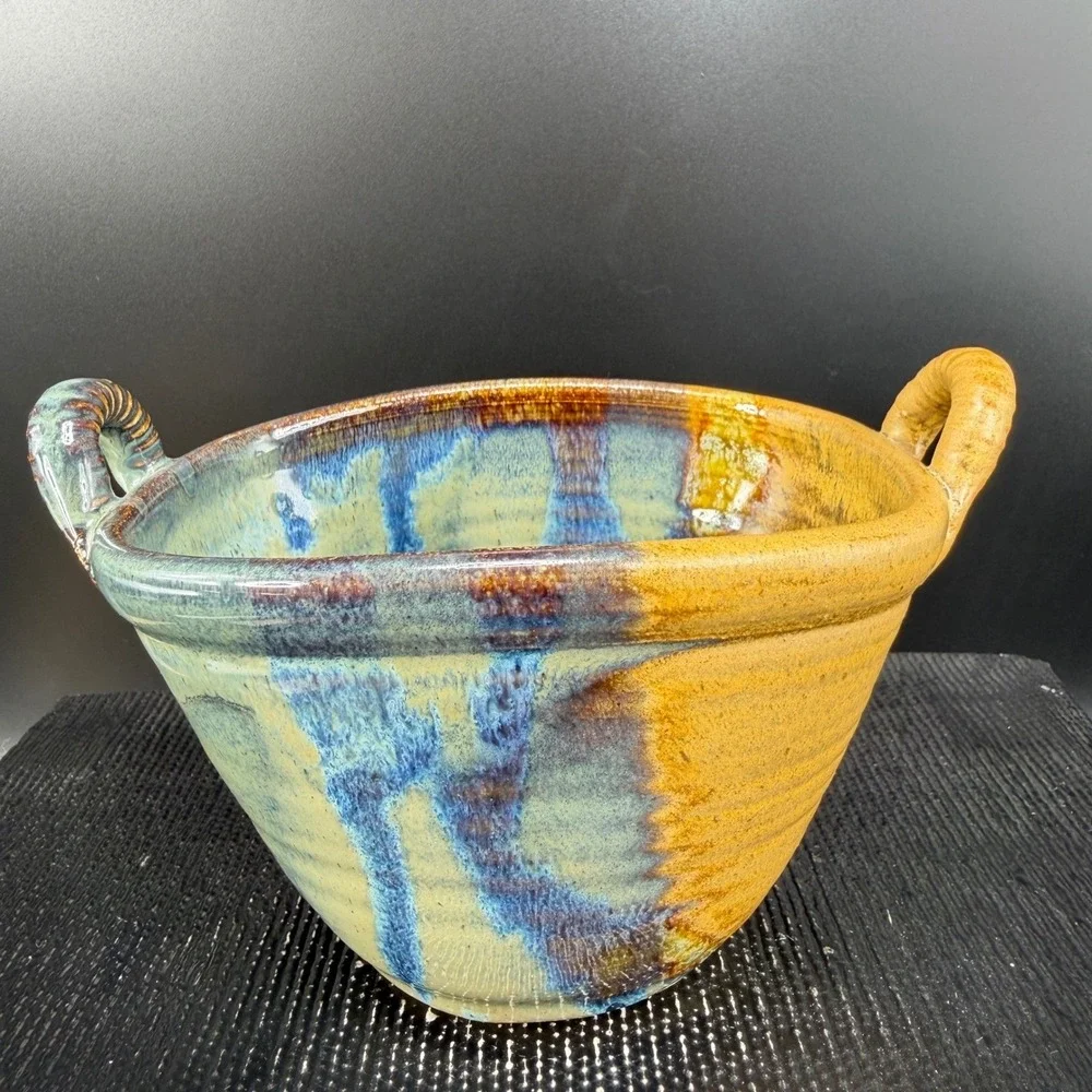 Barbara G Childs Studio Pottery Handled Bowl Dish‎ Ochre Drip Glaze Signed